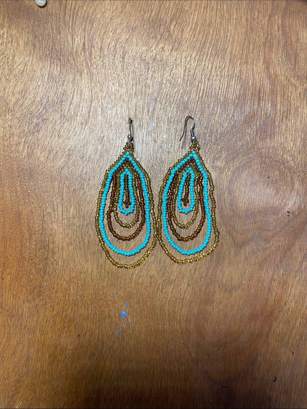 Teal and Gold Beaded Circle Drop Earrings